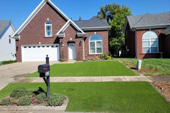 front yard residential artificial grass landscape